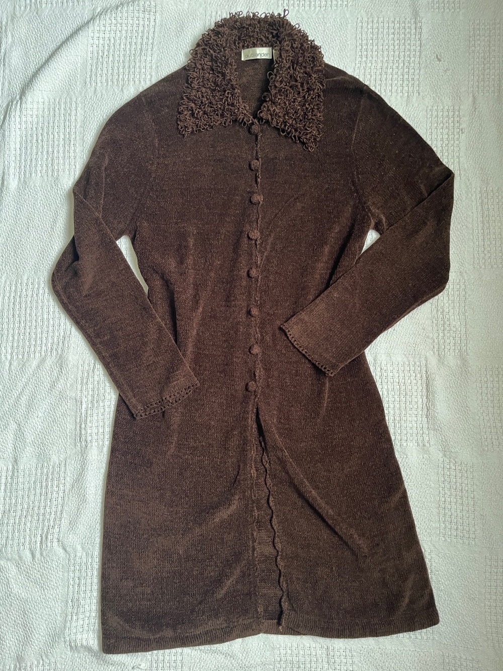 Vintage Long Brown Button-Front Cardigan with Textured Collar